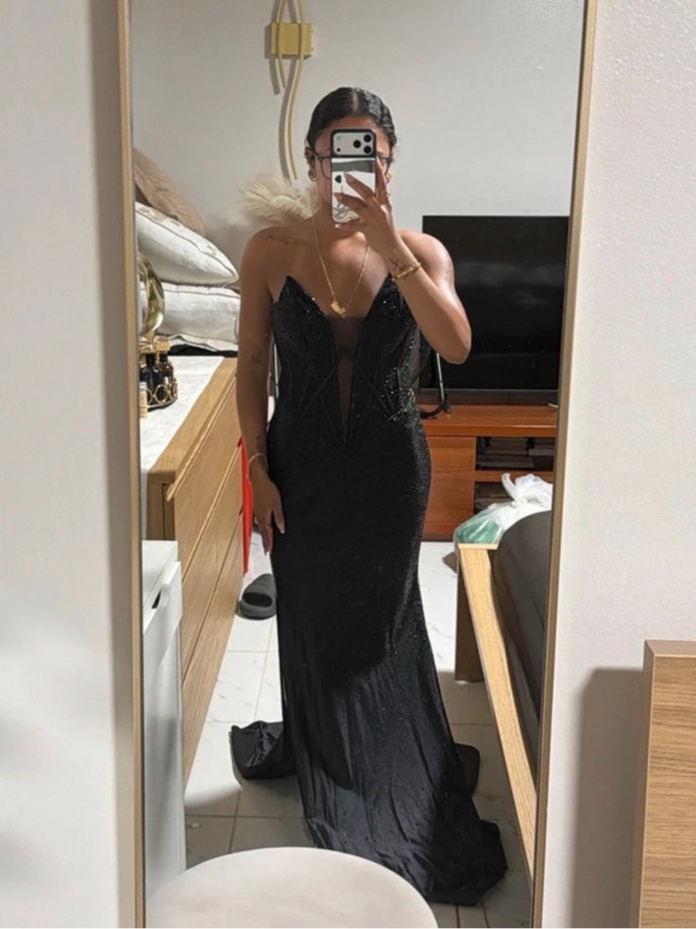 Black Strapless Sequin Evening Gown with Sheer Bodice